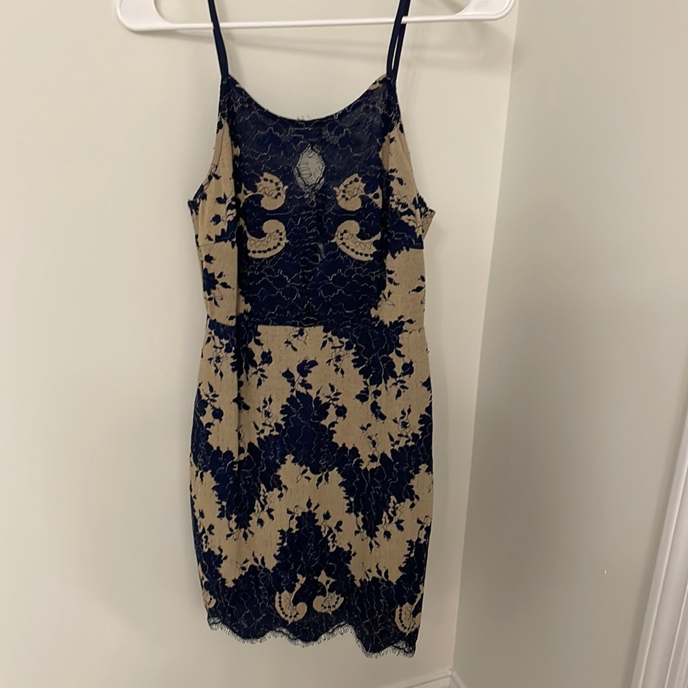 Blue and tan lace dress